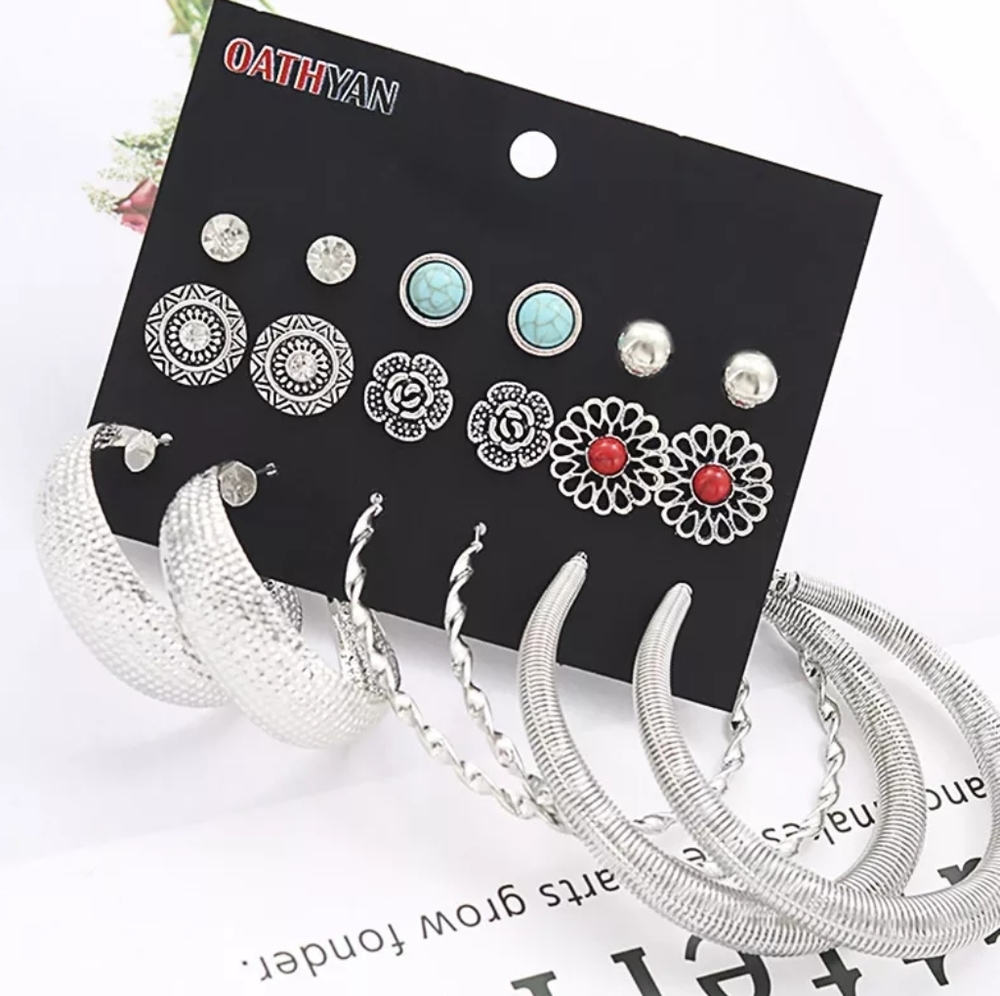 9 Pairs Fashion Vintage Statement Metal Flower Stud and Hoop Earrings
